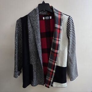 Cameleon Wool Blend Open Cardigan Sweater Red Plaid Houndstooth XS